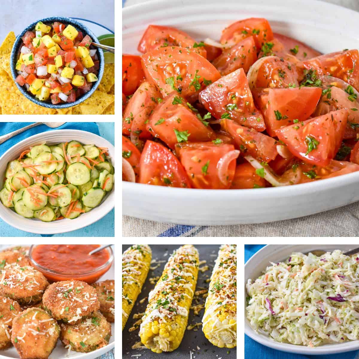Colorful summer side dishes collage featuring marinated tomatoes, mango salsa, cucumber salad, fried zucchini, grilled Mexican corn, and coleslaw.