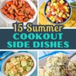 Vibrant summer cookout side dishes: marinated tomatoes, mango salsa, cucumber salad, coleslaw, grilled corn, fried zucchini, and potato salad.