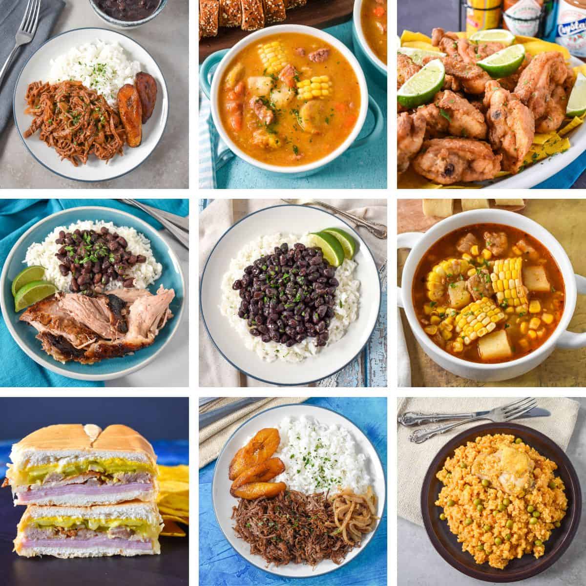 A collage of nine images featured in the roundup, including ropa vieja, black beans, cuban sandwich, arroz con pollo and more.