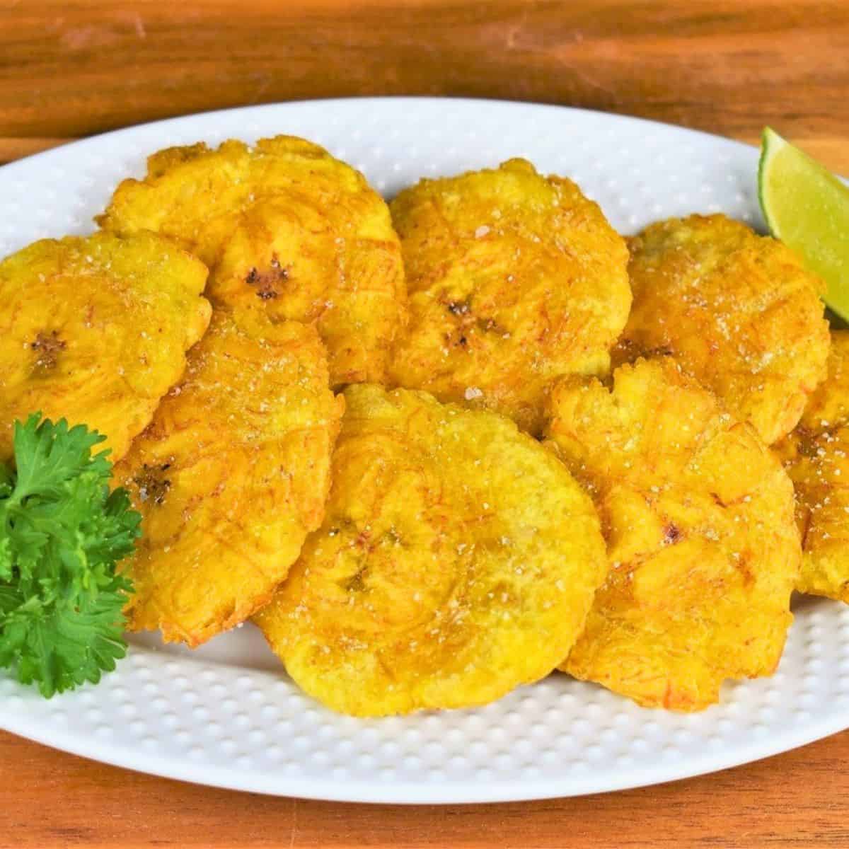 Tostones Flattened and Fried and arranged on a white plate.