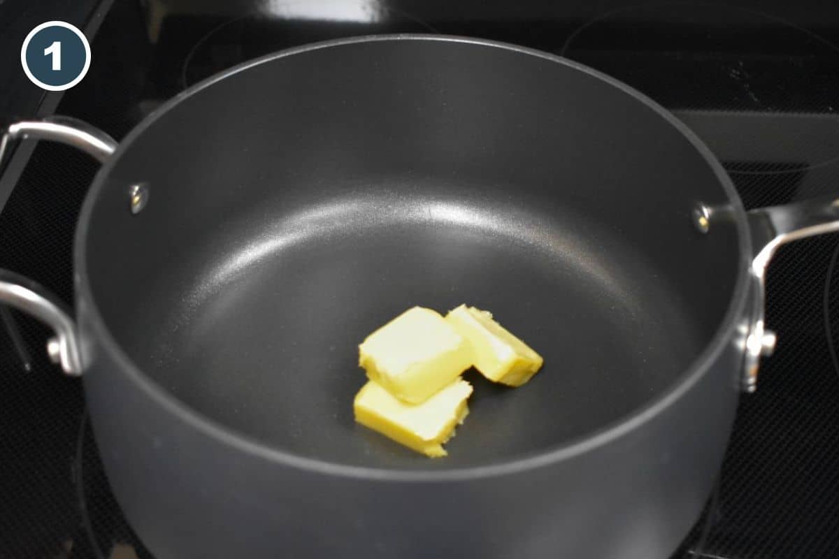 Butter melting in a medium saucepan.