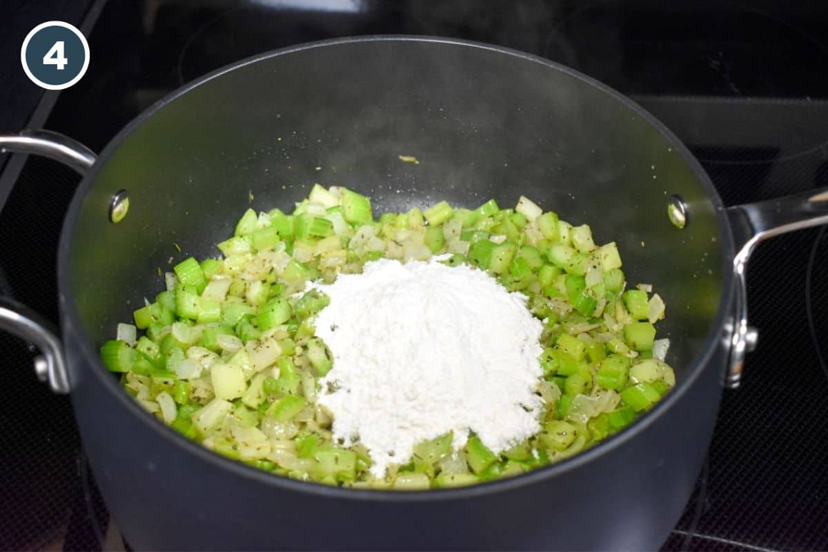Flour added to the cooked celery and onion mixture.