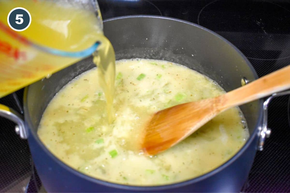Chicken broth being poured into the celery mixture.