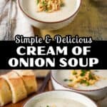 Cream of onion soup topped with crispy fried onions and parsley, served with sliced bread.