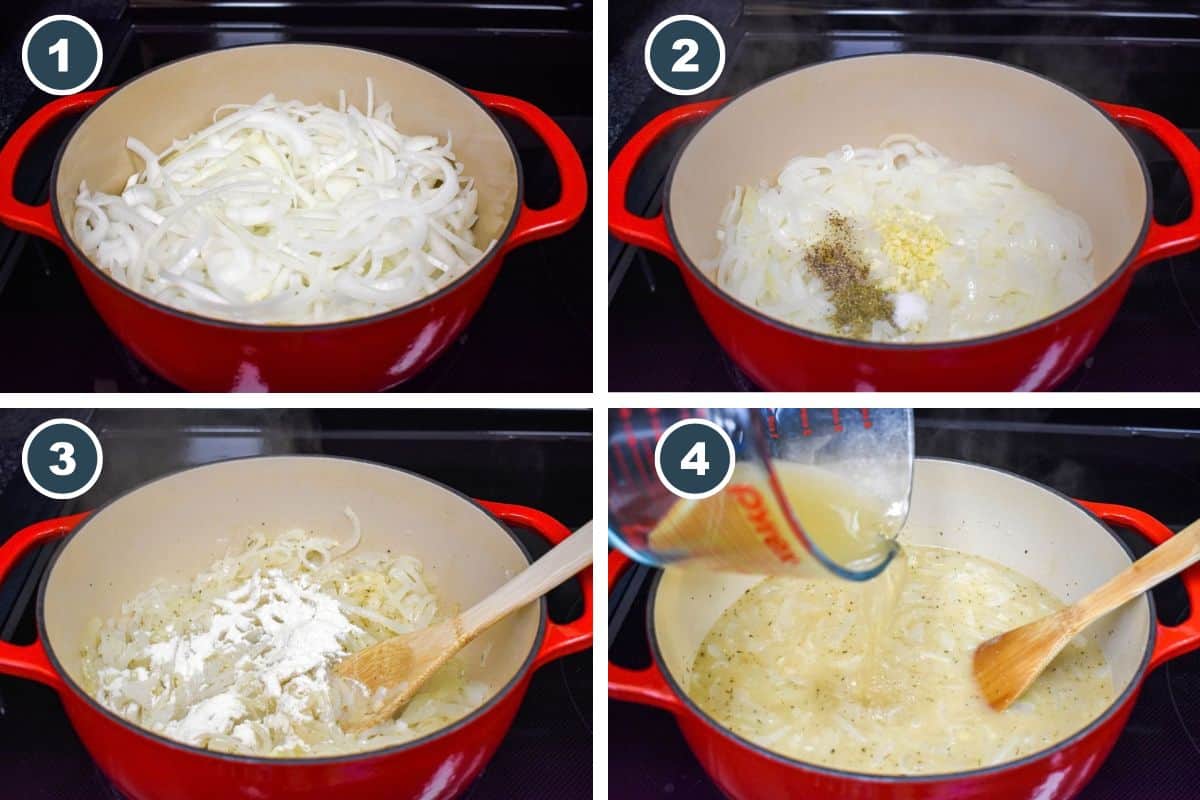 A collage with four images showing steps one through four of making cream of onion soup. White onions cook with butter, seasonings, and flour before chicken broth is added.