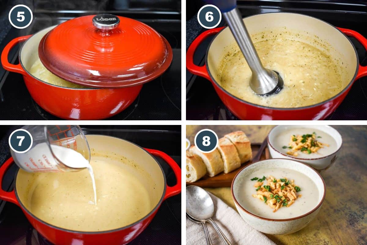 A collage with four images showing steps five through eight of making cream of onion soup. The soup simmers, is blended until smooth, and is finished with cheese and half-and-half before serving.