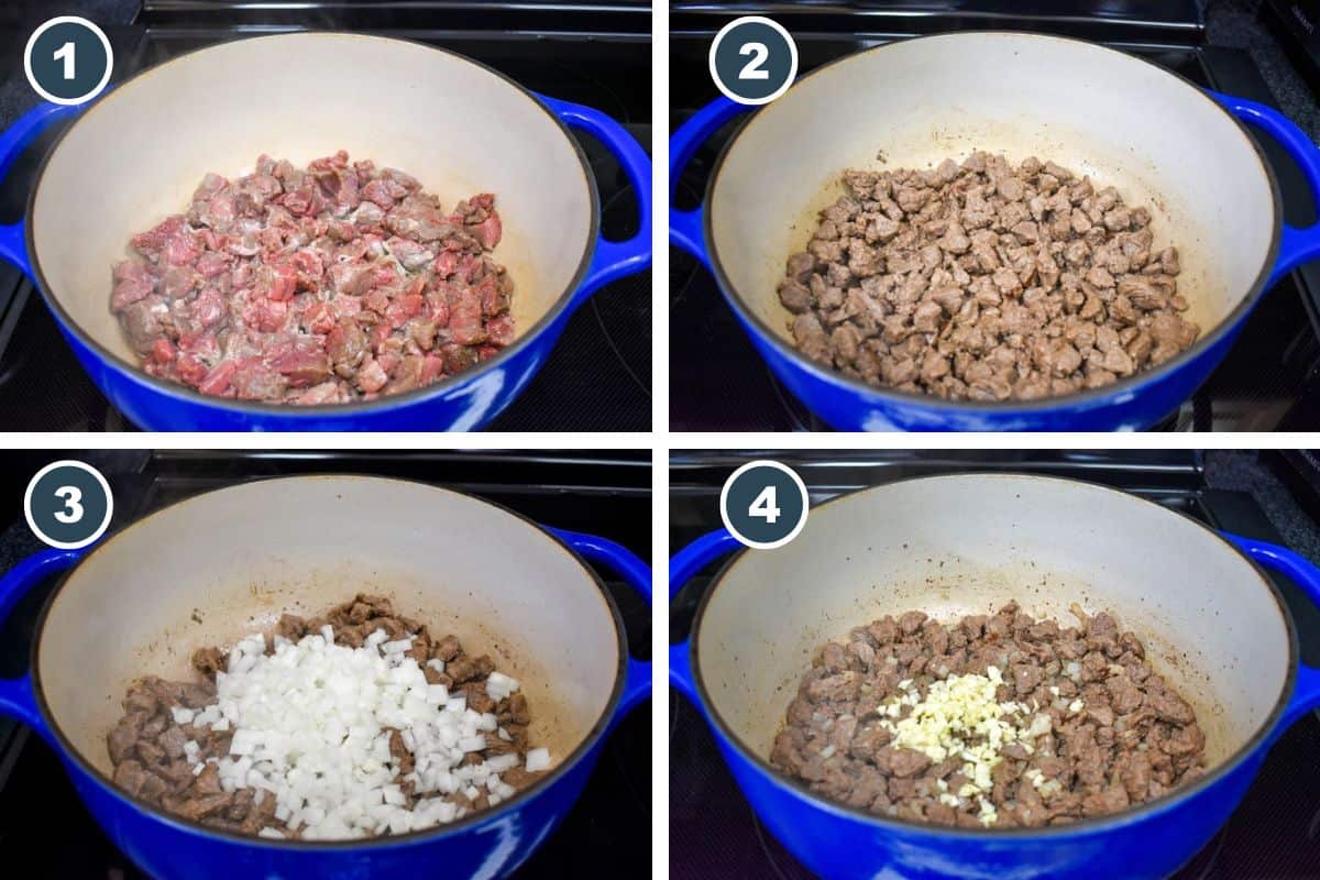 A collage of four pictures showing steps 1 through 4, including cooking the beef and adding the onions and garlic.