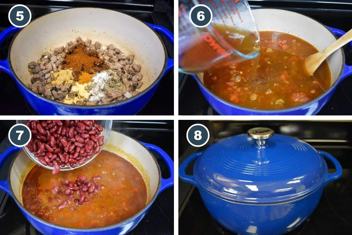 A collage of four pictures showing steps 5 through 8, including adding the seasonings, tomatoes, beef broth, and red beans.