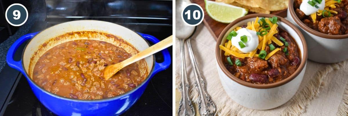 A collage of two pictures showing steps 9 and 10, including the steak chili simmering in the Dutch oven and the finished chili served with toppings.