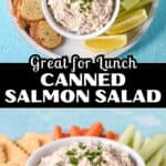 Pinterest graphic for canned salmon salad served with crackers, bagel chips, carrot and celery sticks, and lemon wedges.