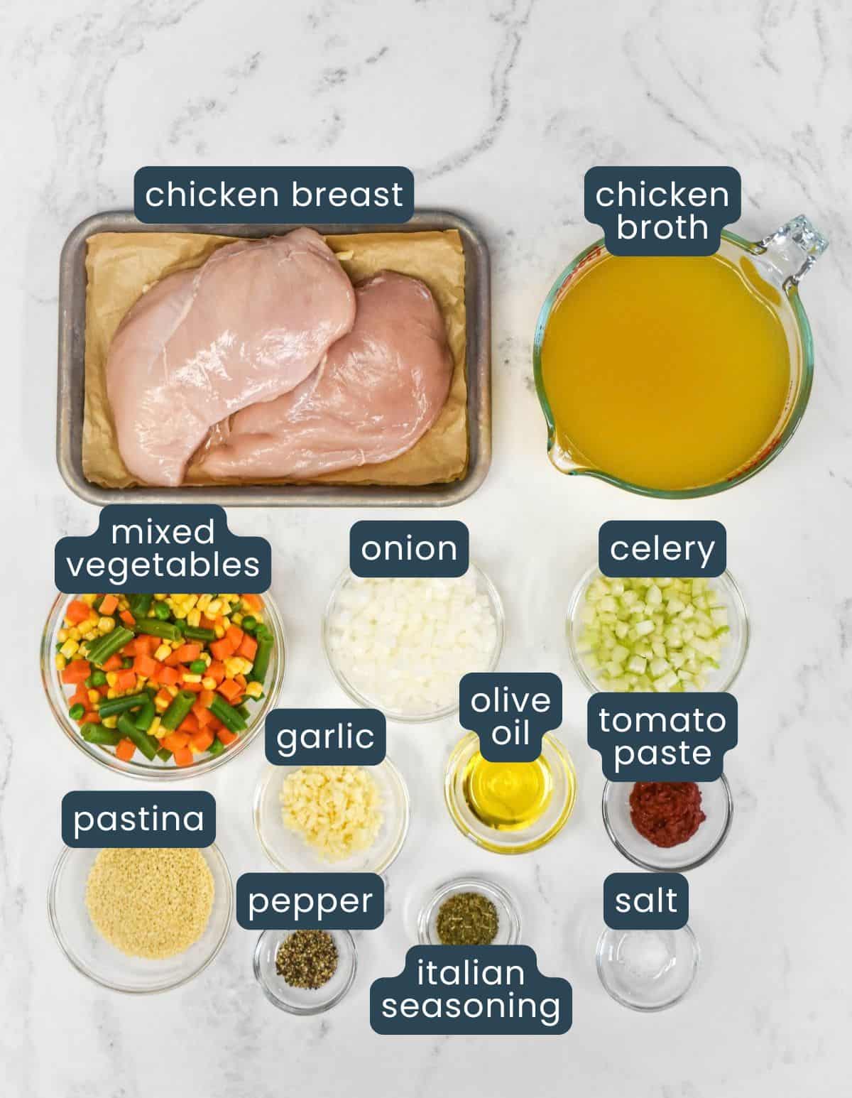 Ingredients for chicken vegetable soup, including chicken breast, chicken broth, frozen mixed vegetables, pastina, onion, celery, garlic, tomato paste, olive oil, and seasonings, with each one labeled.