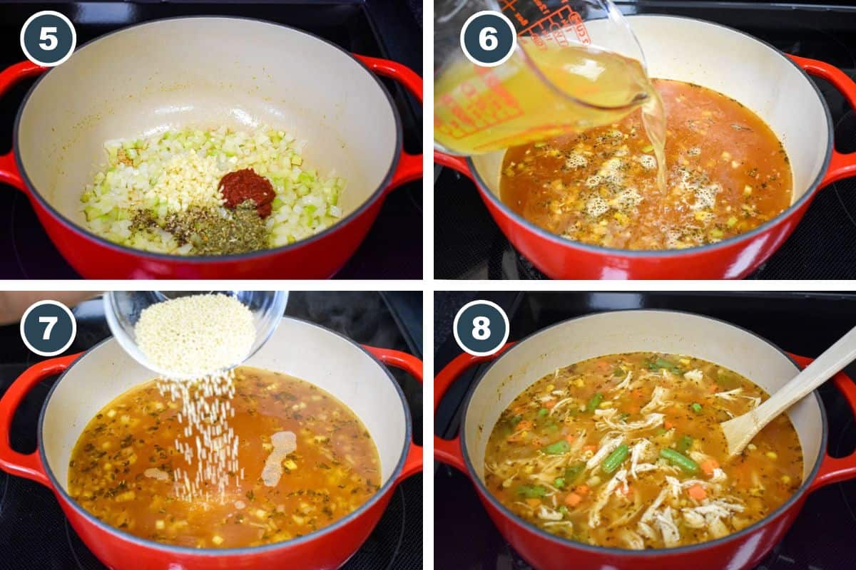 Chicken vegetable soup process photos showing seasonings and tomato paste added to vegetables, chicken broth and pastina added, and shredded chicken with mixed vegetables in the soup.